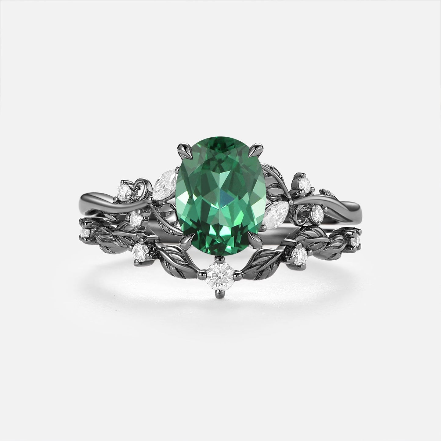 Oval Cut Lab Green Sapphire Leafy Engagement Ring Sets - Nieve