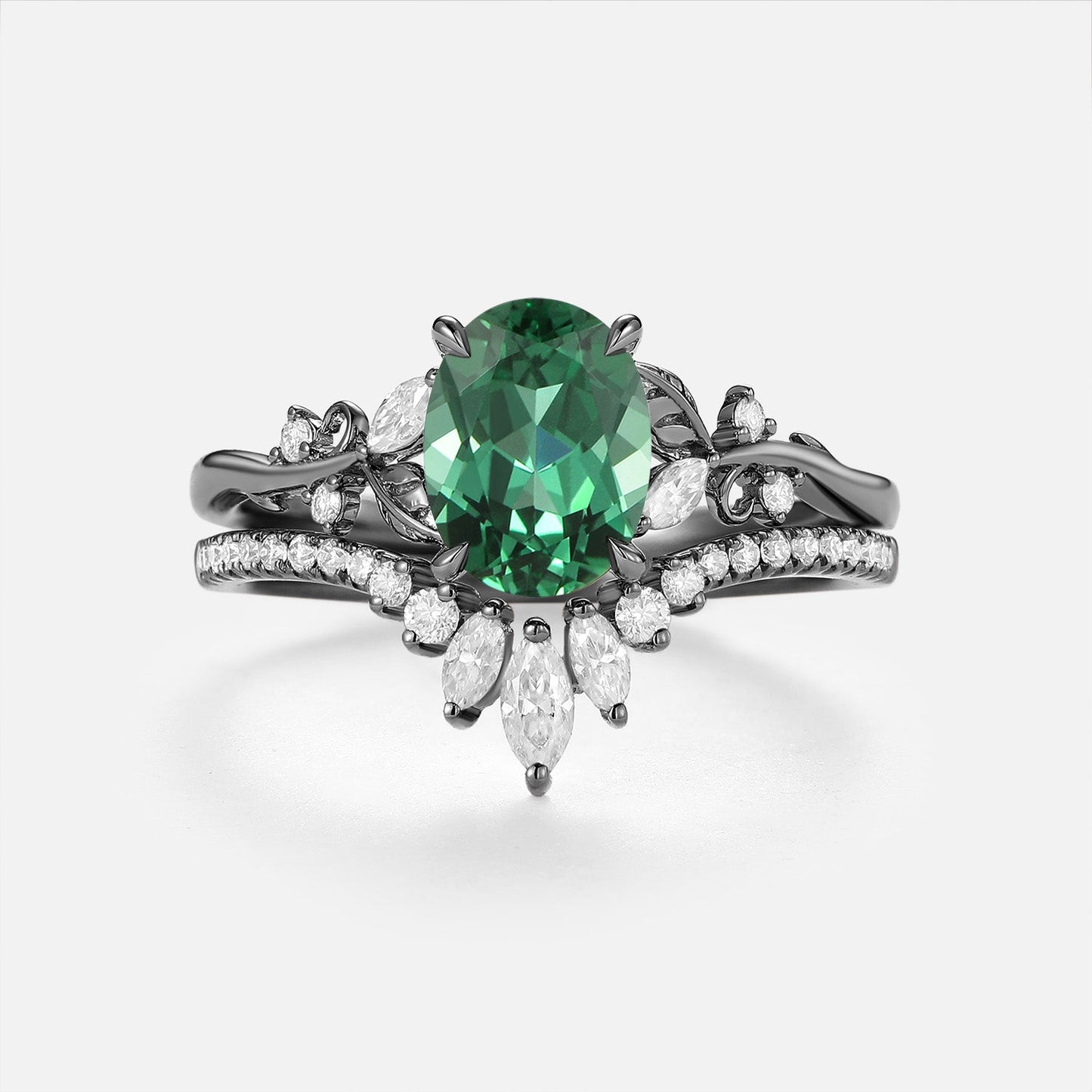 Oval Cut Lab Green Sapphire Chevron Engagement Ring Sets - Nieve