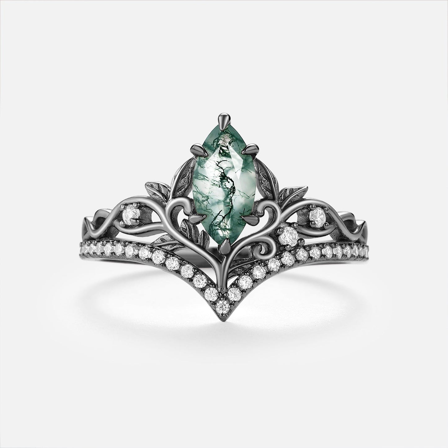Marquise Cut Moss Agate Leaf Engraved Engagement Ring Sets 2pcs - Filigree