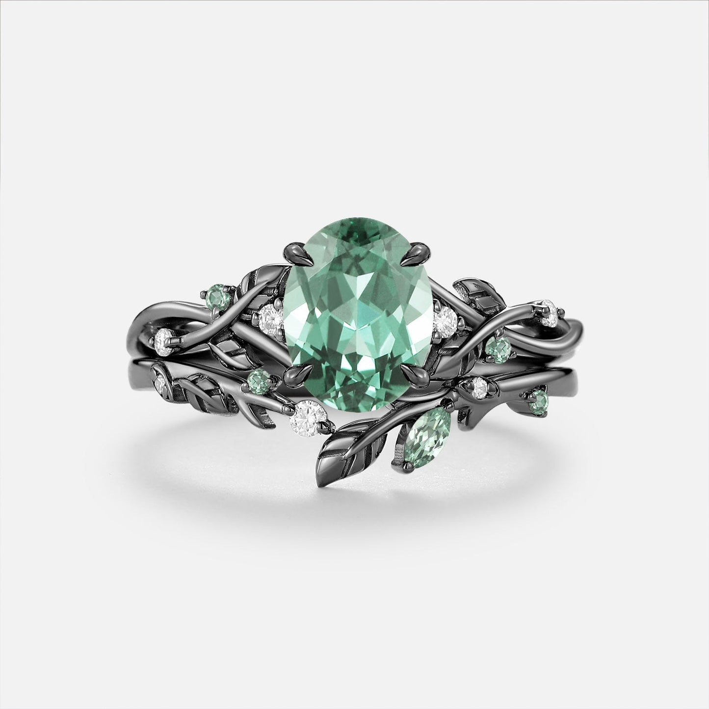 Oval Cut Lab Green Sapphire Leaf Vintage Engagement Ring Sets - Prism