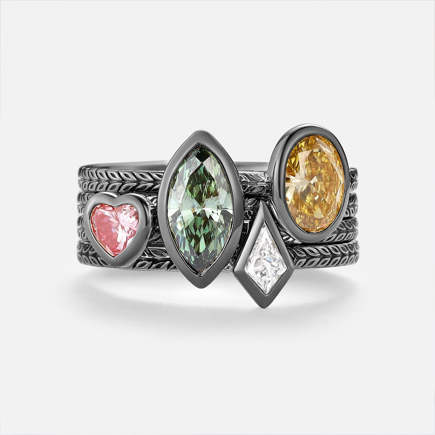 Marquise Multi-Color Lab Grown Diamond Bezel Engraved Stack Engagement Ring Set 4pcs - Talise