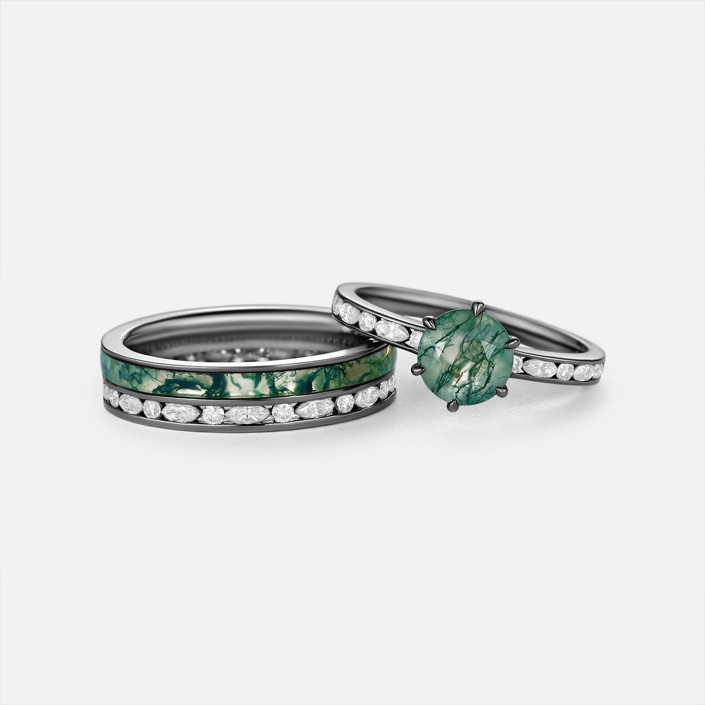 Nature Inspired - Round Cut Moss Agate Pave Couple Ring Set 2pcs - Petal