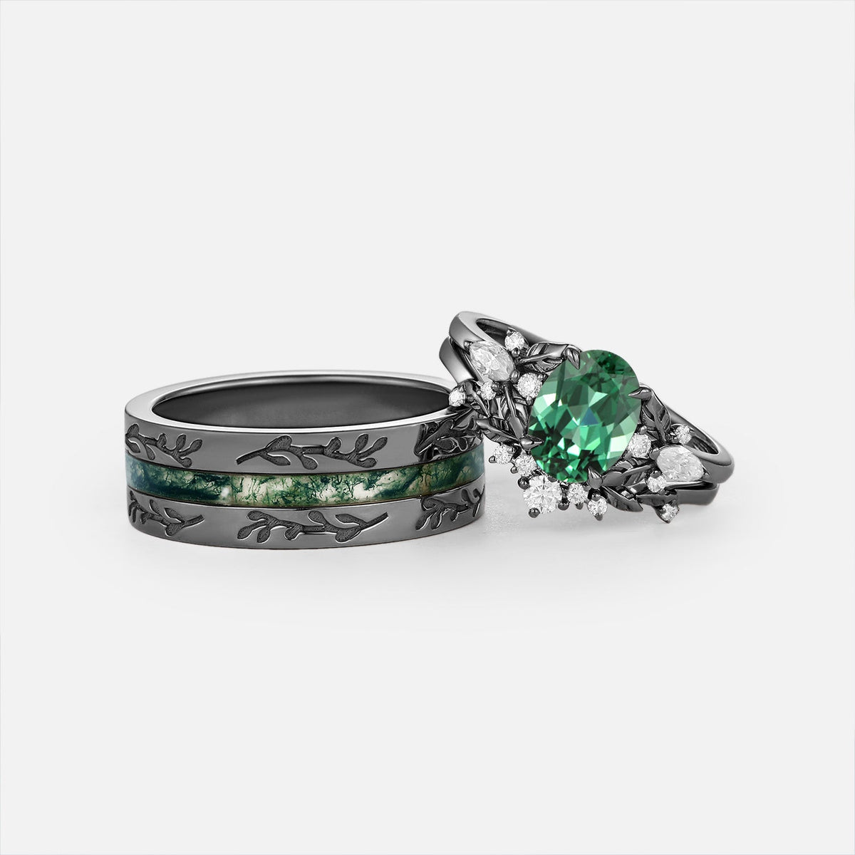 Oval Cut Lab Green Sapphire & Moss Agate Engraved Leafy Couple Ring Set 3pcs - Sedona