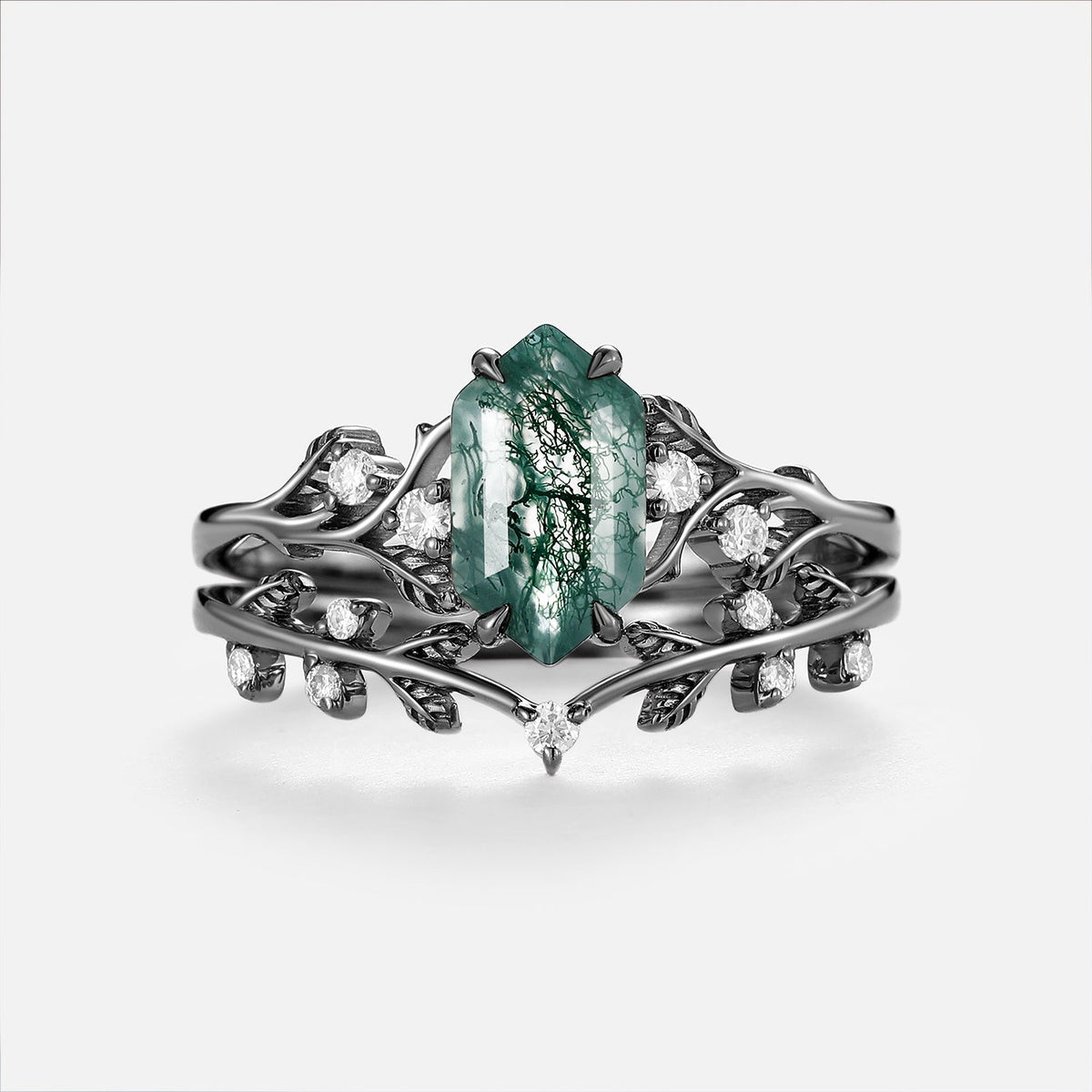 Elongated Hexagon Moss Agate Leaf Vintage Engagement Ring Sets 2pcs - Josephine