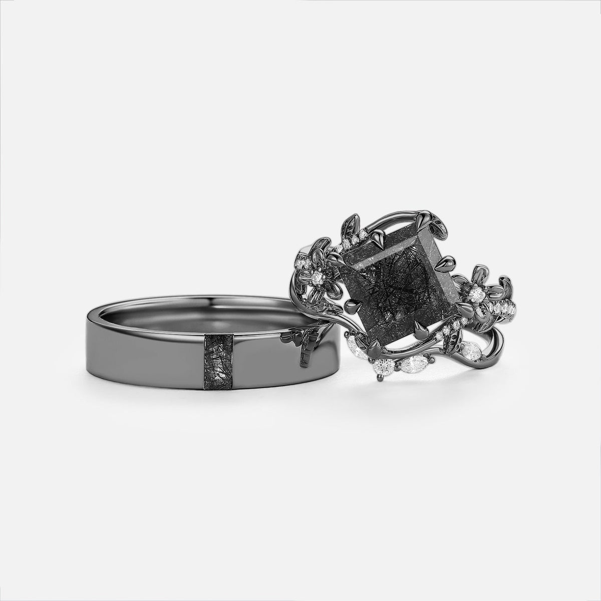 Princess Cut Black Rutilated Quartz Flower Dainty Couple Ring Sets 3pcs -Maple