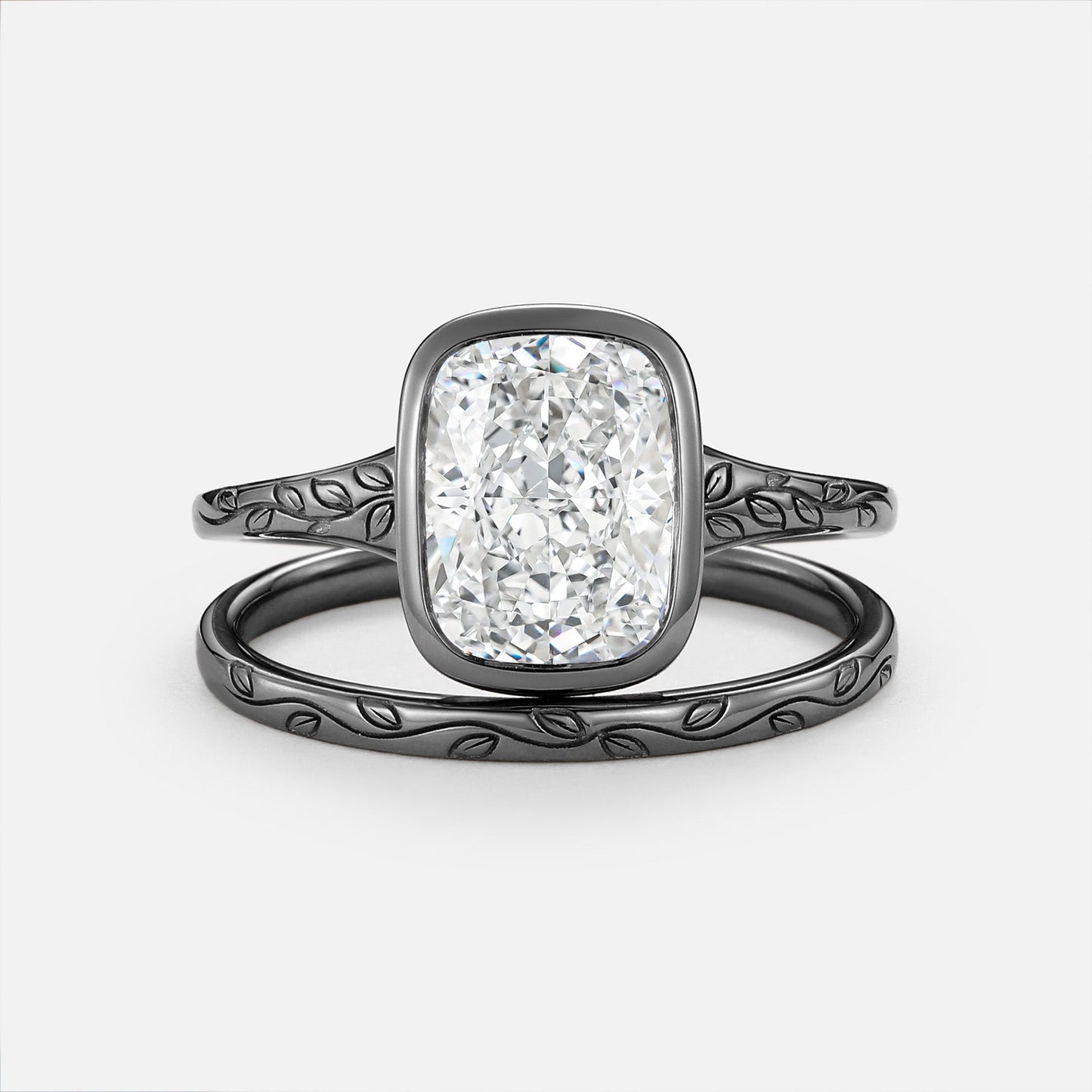 Cushion Cut Lab Grown Diamond Engraved Leafy Minimalist Engagement Ring Sets 2pcs- Atara