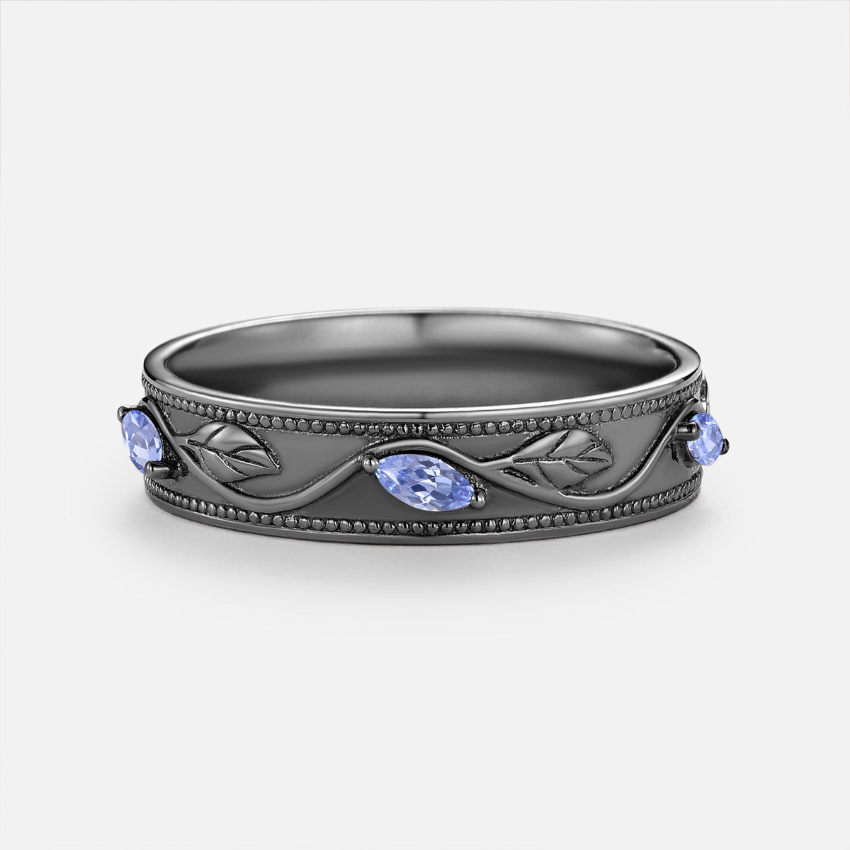 Oval Cut Lab Cornflower Sapphire & Lab Cornflower Sapphire Leafy Couple Ring Sets - Anouk