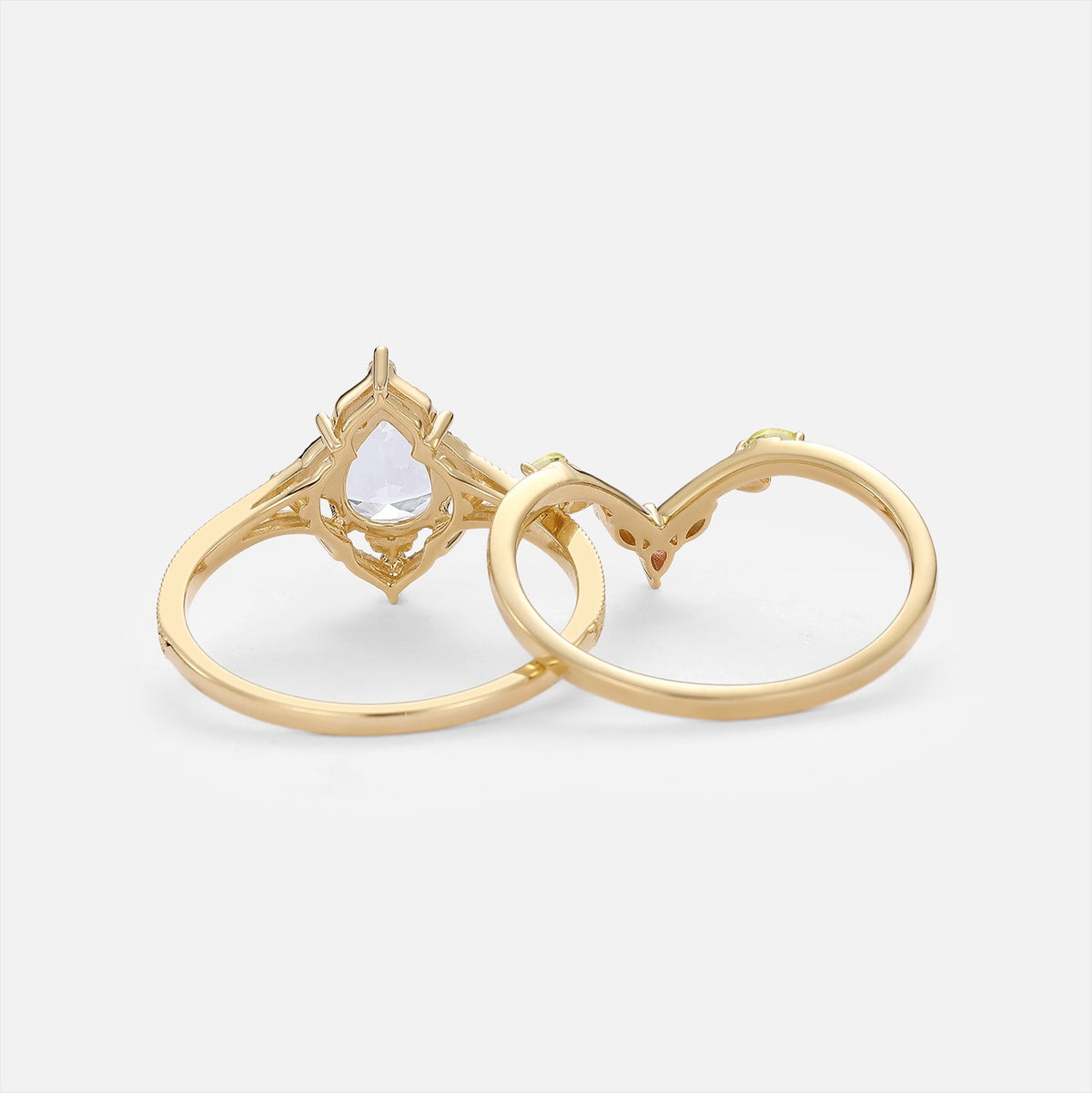 Pear Lab White Sapphire Engraved Minimalist Engagement Ring Set 2pcs - Corona
