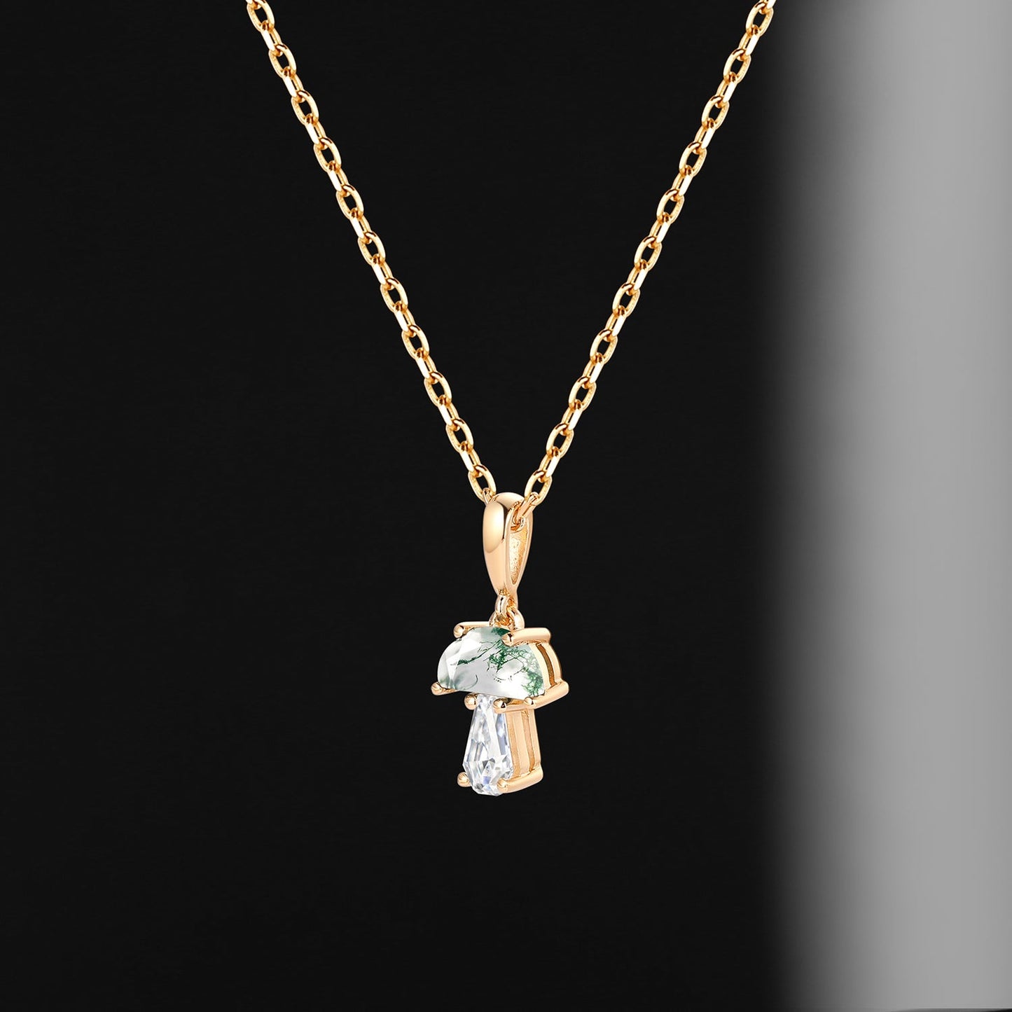 Tree of Life - Half Moon Moss Agate + Coffin Cut Moissanite Mushroom Necklace