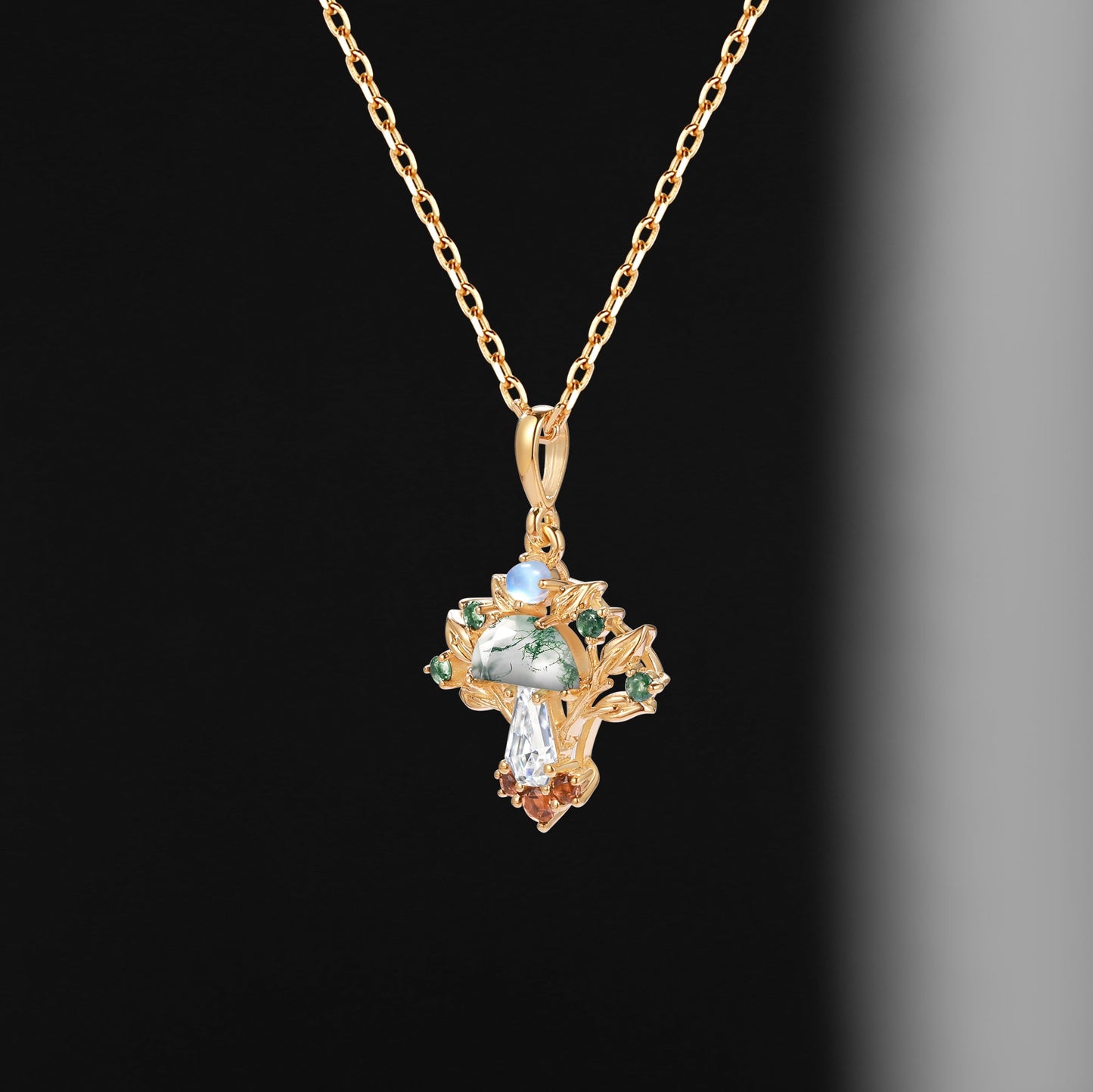 Tree of Life - Nature Inspired Half Moon Moss Agate + Coffin Moissanite Deluxe Mushroom Necklace