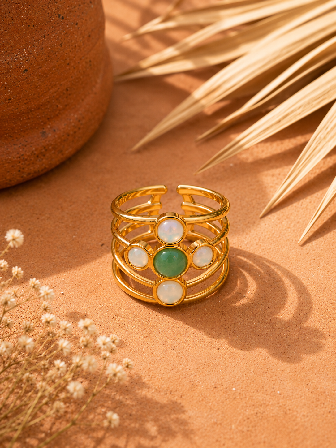 Bague FLORA | Aventurine Verte & Opales Or 24k Ajustable – Univers Végétal