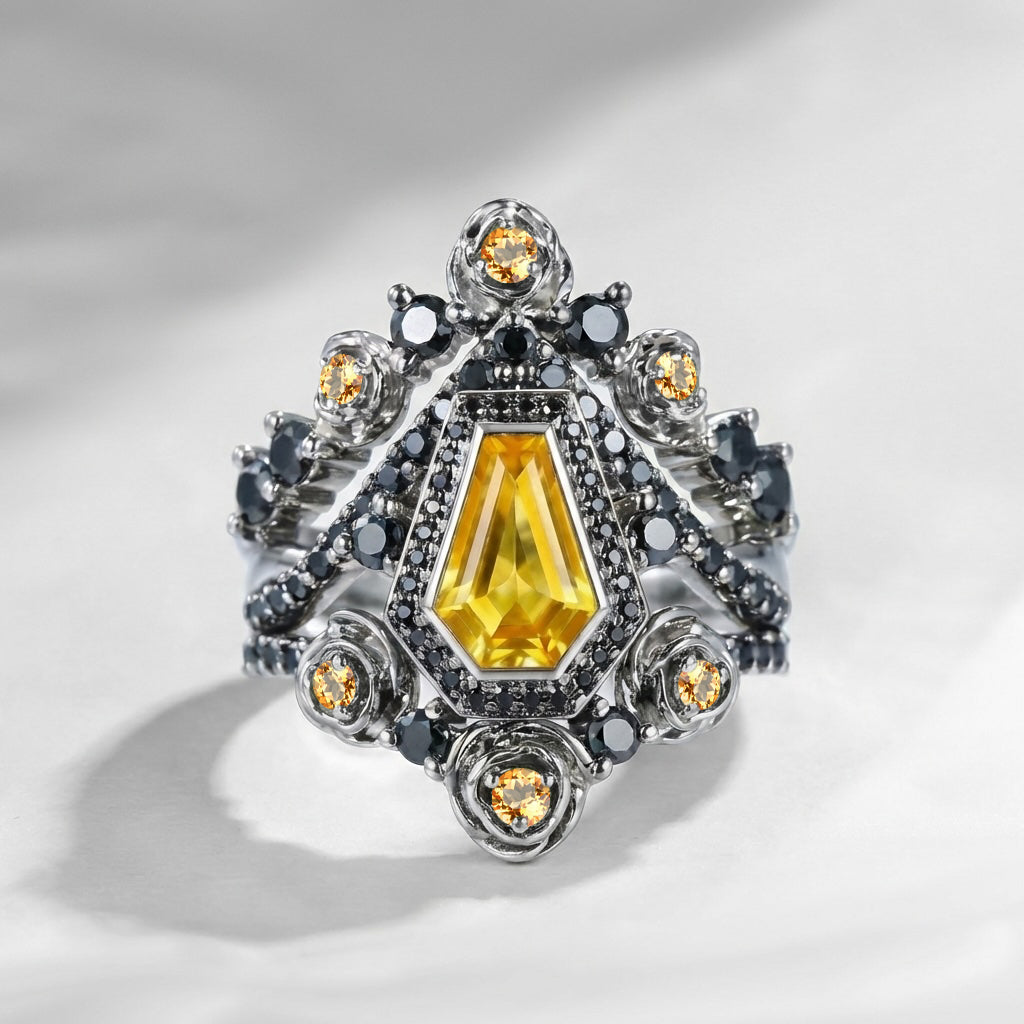 Unique Coffin Citrine Gothic 'Thorns & Roses' Alternative Bride Engagement Ring Set 3pcs