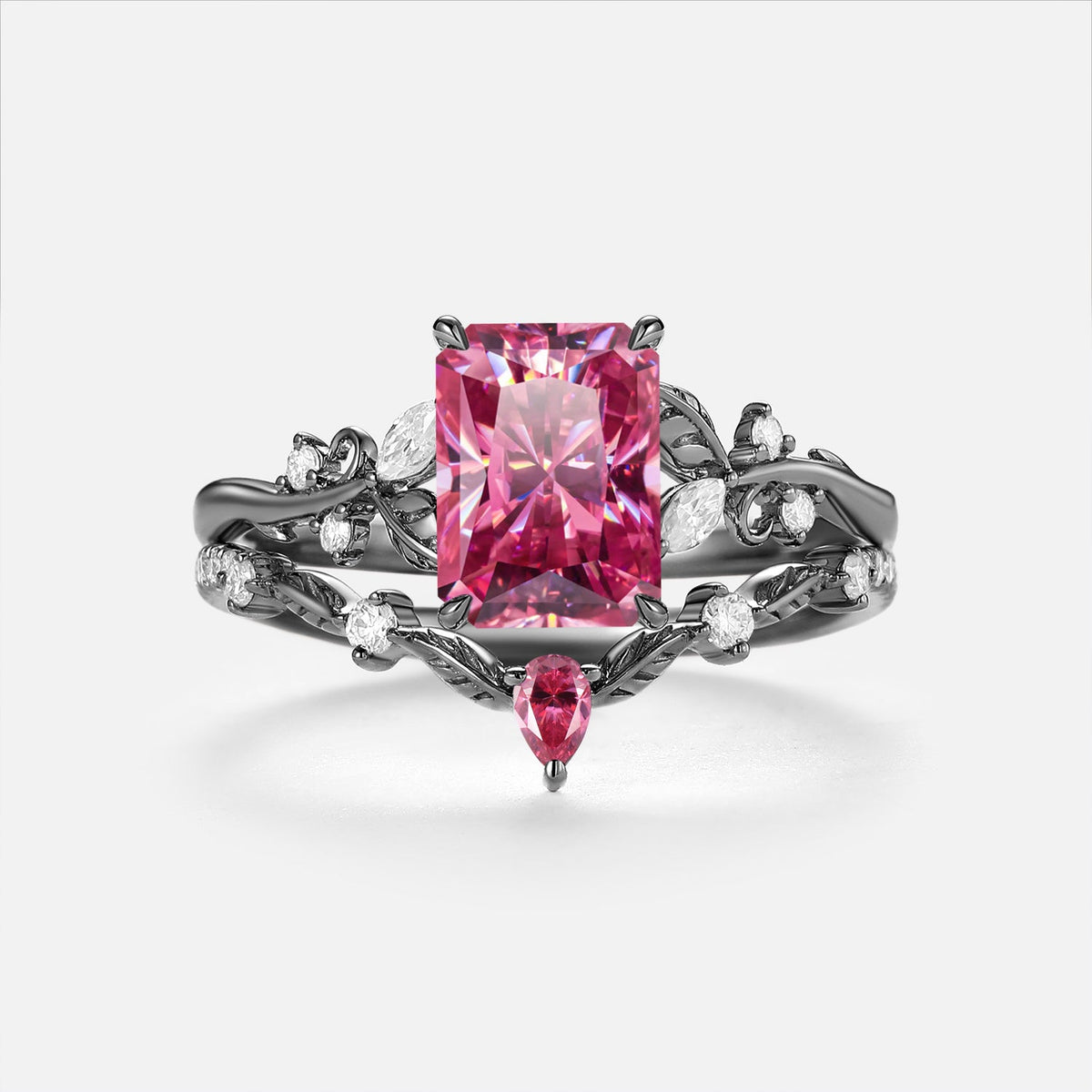 Luminous Reverie - Radiant Cut Pink Moissanite Leaf Vintage Engagement Ring Sets - Genista