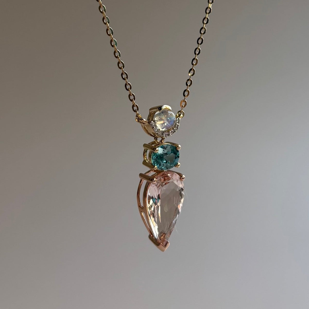 Morganite, Swiss Blue Topaz and Moonstone Necklace | 14K Yellow and Rose Gold | 18" Chain