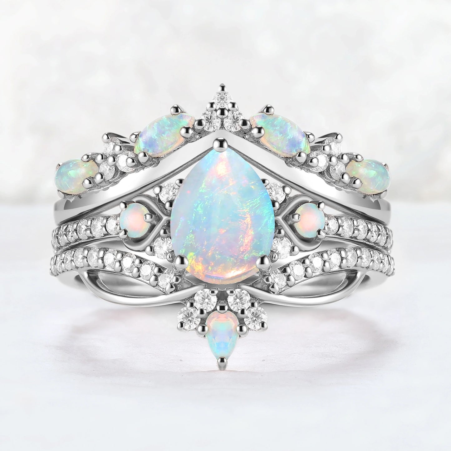 Nature Inspired Pear Shaped Natural Opal Gemstone Ring Set 3pcs