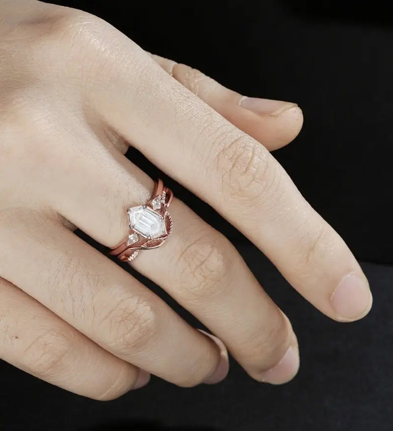 Long Hexagon Moissanite Bridal Set Solid Gold Engagement Ring Set Unique Bridal Set Anniversary Diamond Wedding Ring Vintage Promise Ring For Women