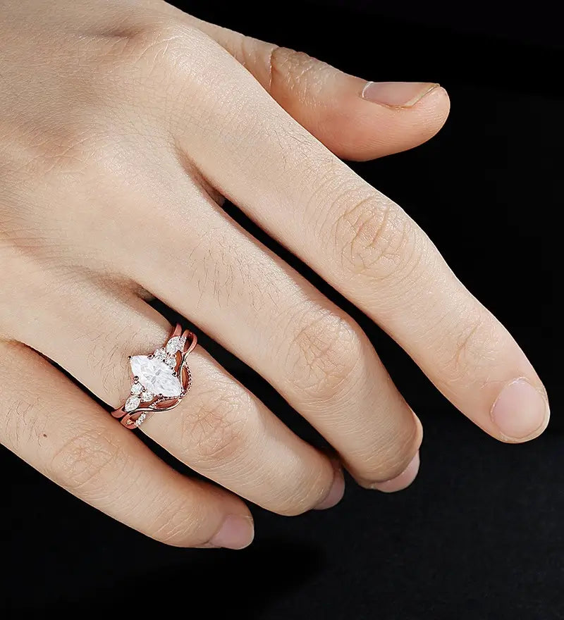 Marquise Cut Engagement Ring Set Solid Gold Moissanite Bridal Set Anniversary Diamond Wedding Ring Anniversary Promise Ring For Her