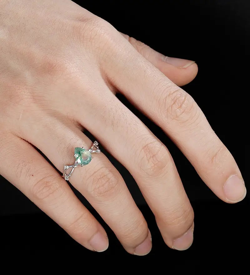 Pear Shaped Moss Agate Engagement Ring Solid Gold Promise Ring Anniversary Diamond Wedding Ring Vintage Ring Unique Bridal promise Ring For Her