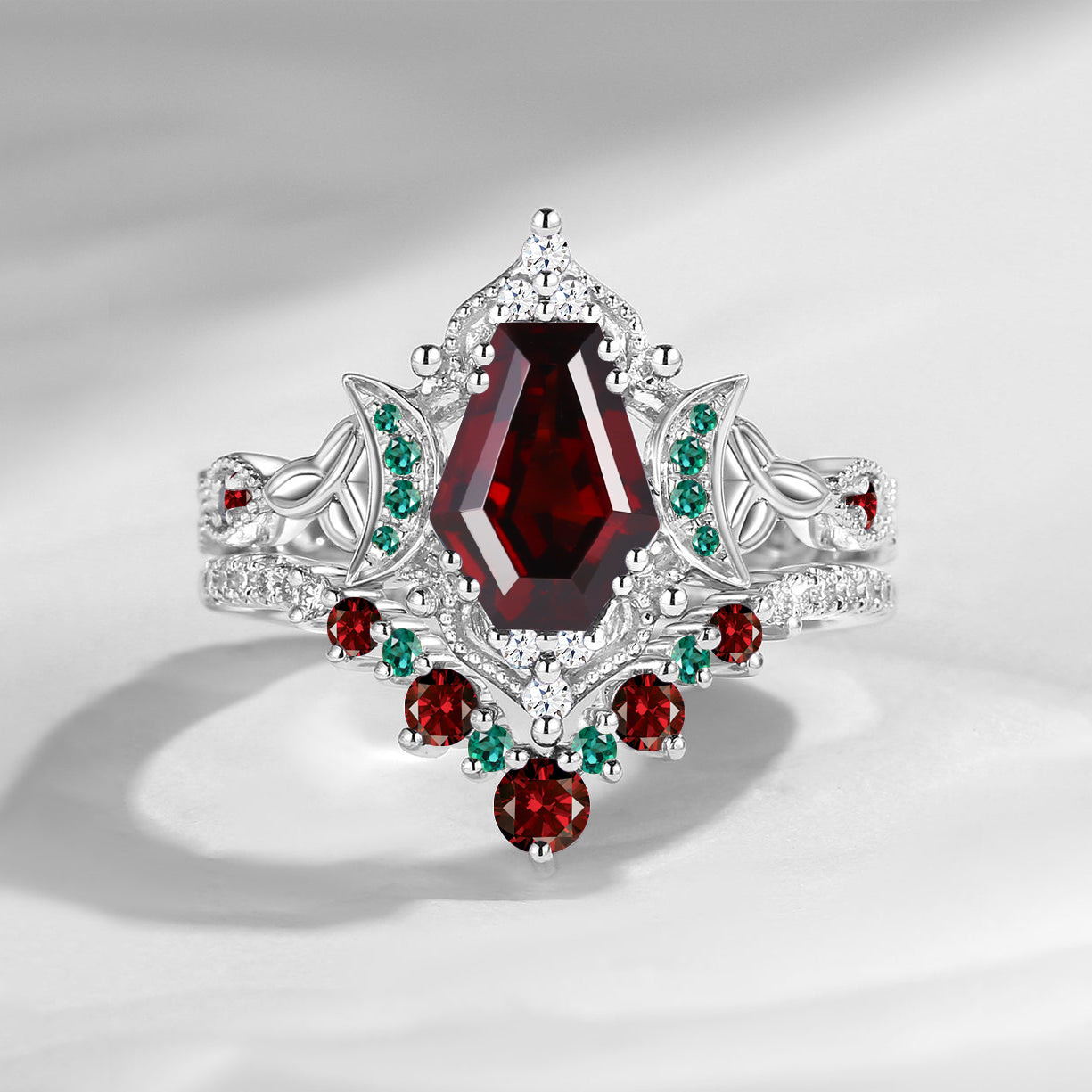 Celtic Moon - Vintage Celtic Knot Coffin Garnet Engagement Ring Set