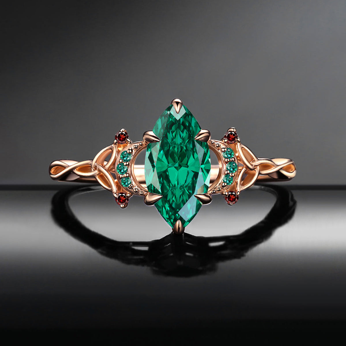 Celtic Moon - Unique Marquise Cut Lab Emerald Twist Engagement Ring