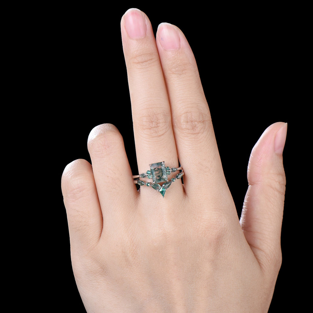 Unique Emerald Cut Natural Moss Agate Engagement Ring Set Seven Stone Green Gemstone Wedding Ring Set 14K Rose Gold Emerald Bridal Set Women