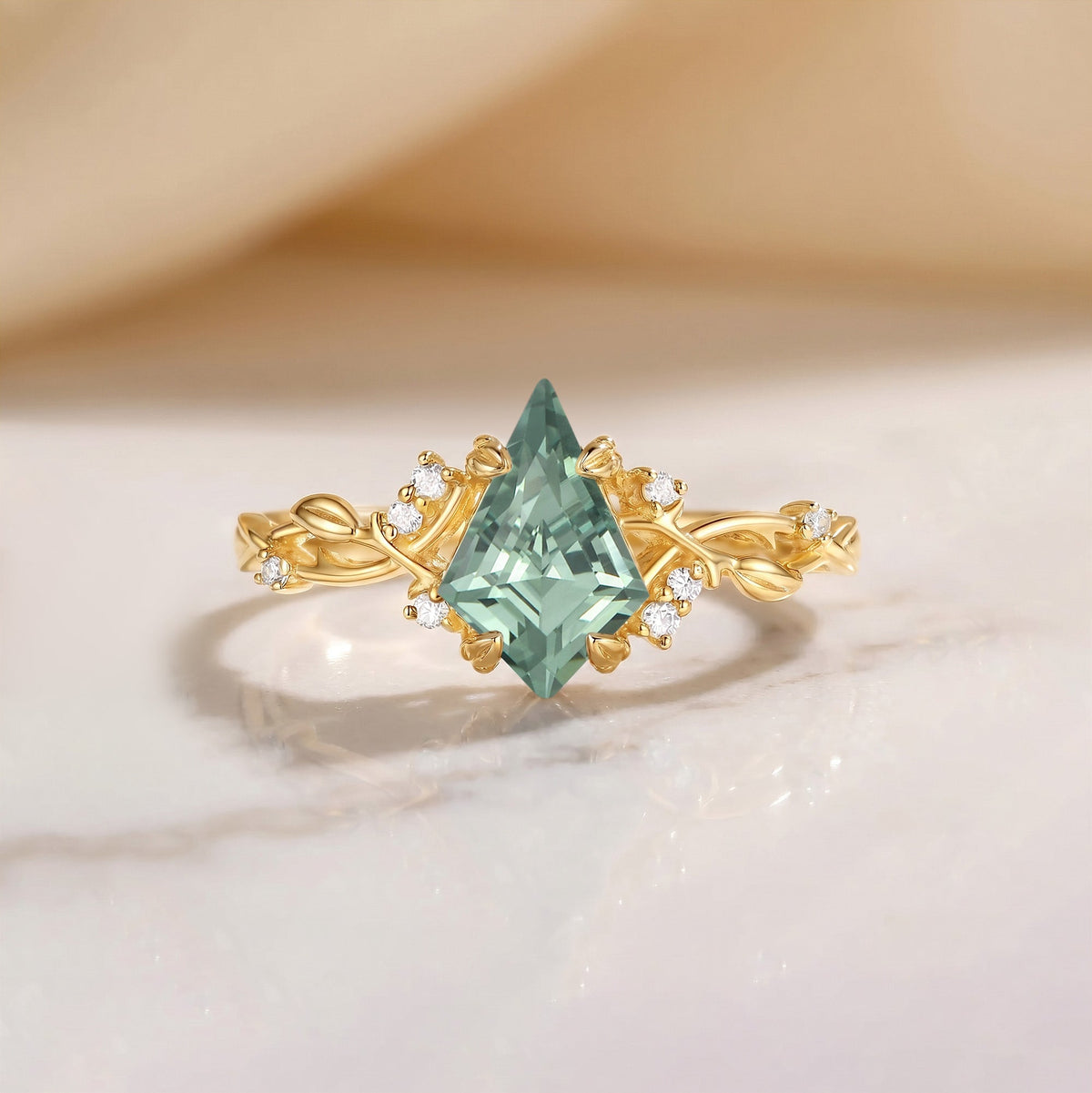 Kite Cut Lab Green Sapphire Leaf Unique Engagement Ring - Bloom