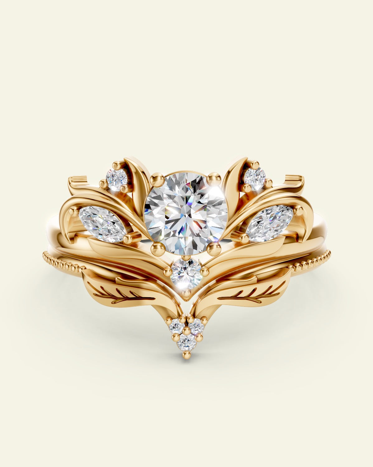 Swanlake | custom bridal ring setting with three-gem matching band, round cut gemstone 5 mm