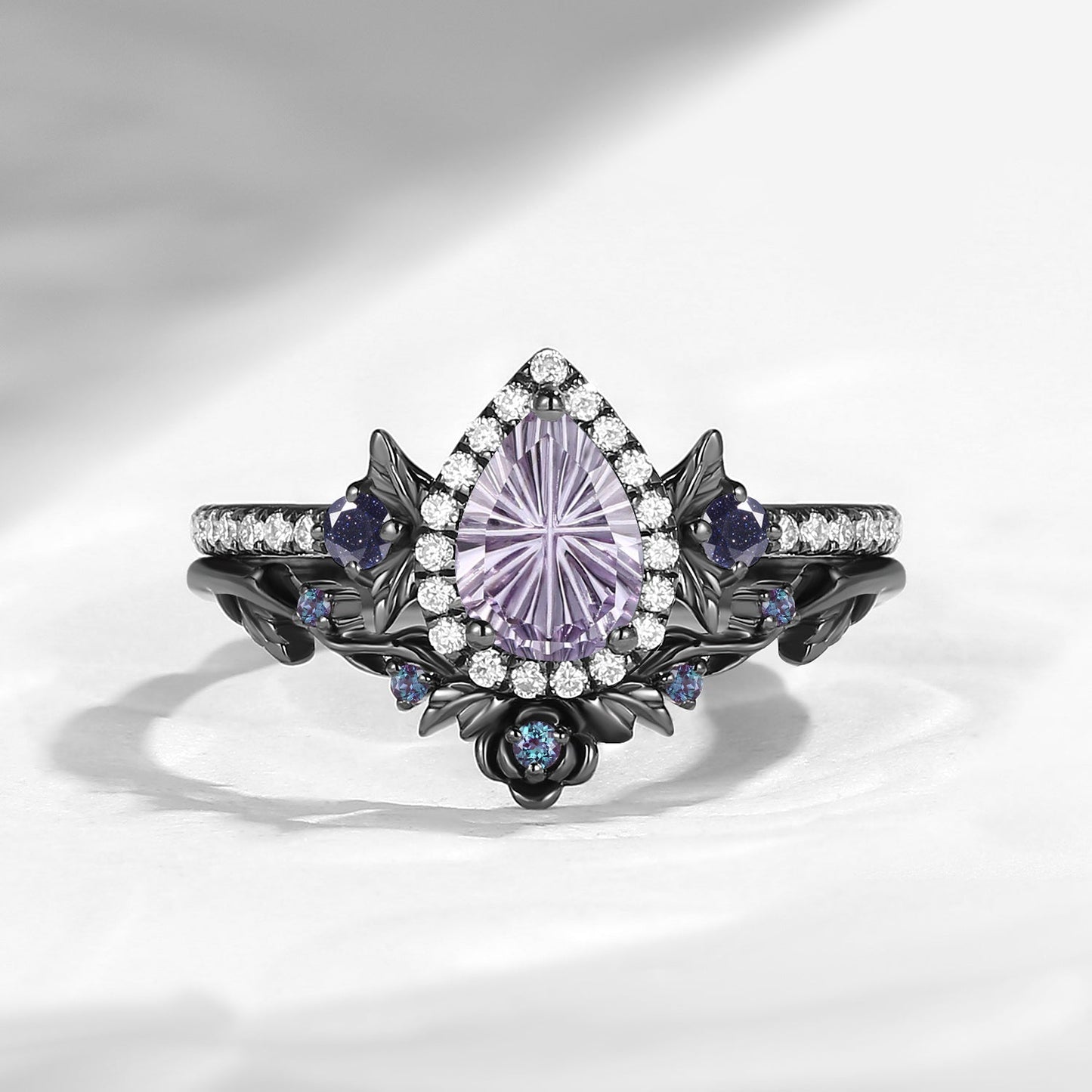 Nature Inspired Fantasy Cut Pear Amethyst 'Thorns & Roses' Halo Engagement Ring Set 2pcs