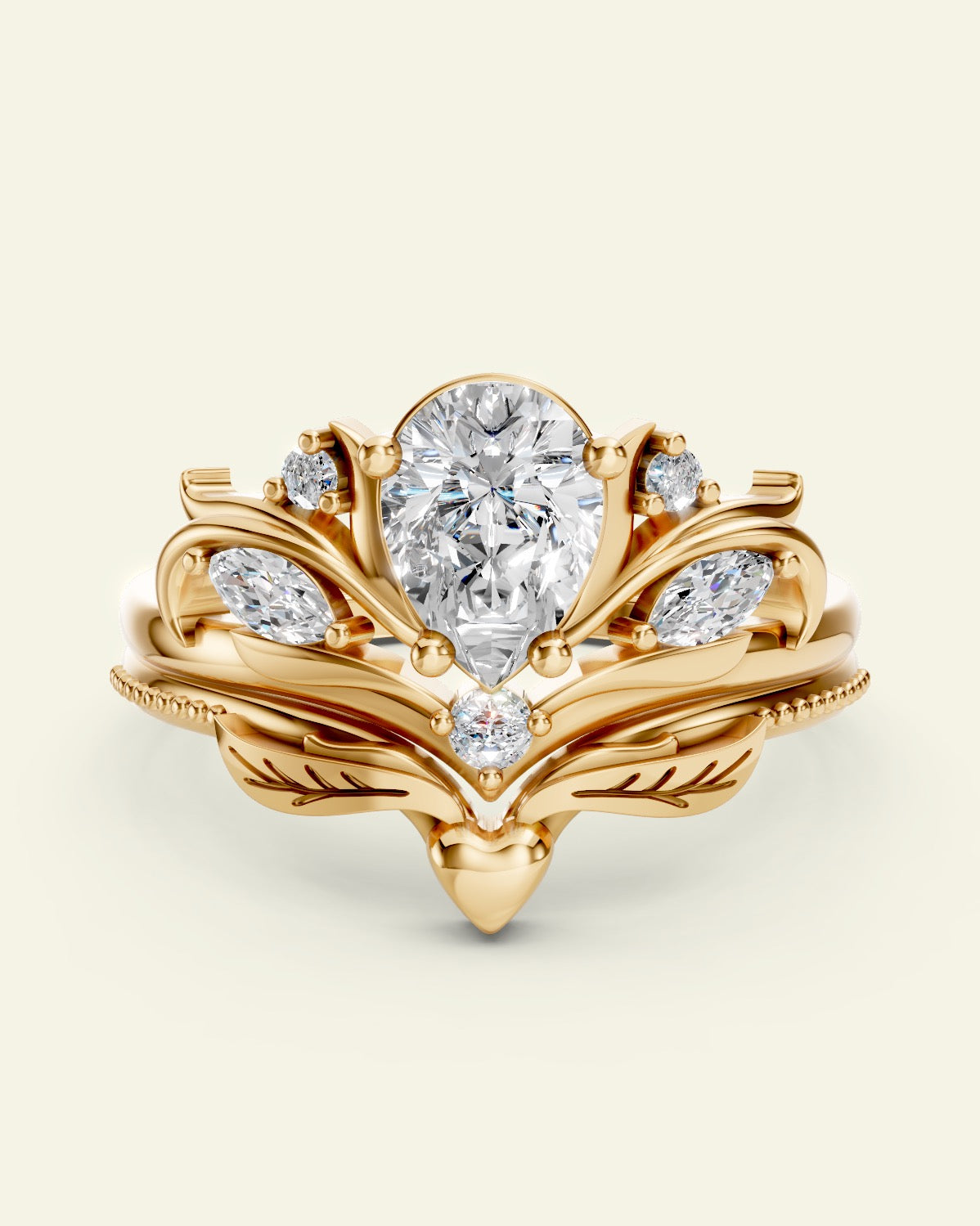 Swanlake | custom bridal ring setting with a heart matching band, pear cut gemstone 7x5 mm