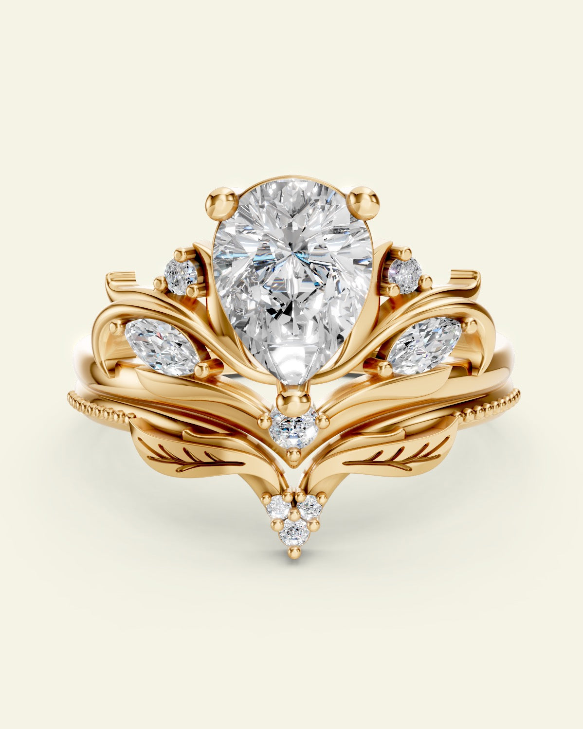 Swanlake | custom bridal ring setting with three-gem wedding band, pear cut gemstone 8x6 mm