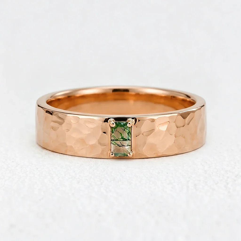Marcus’s Keystone | Hammered Moss Agate Men’s Wedding Band
