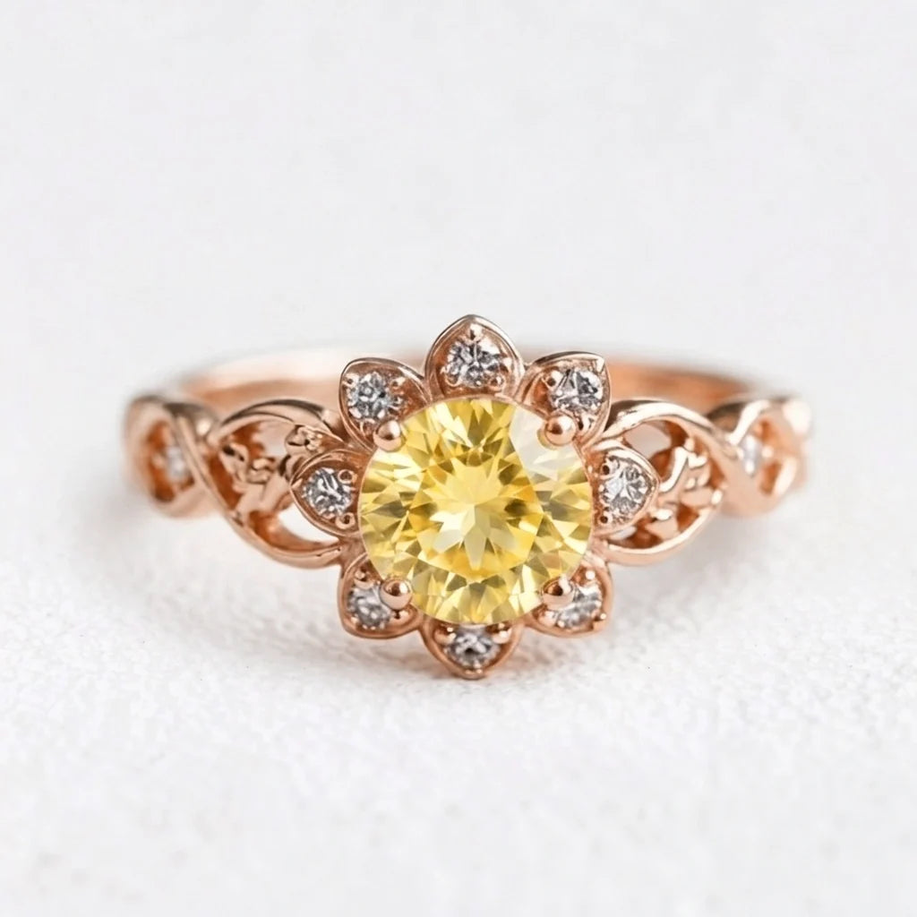 Solara's Petal | Citrine Floral Diamond Halo Engagement Ring