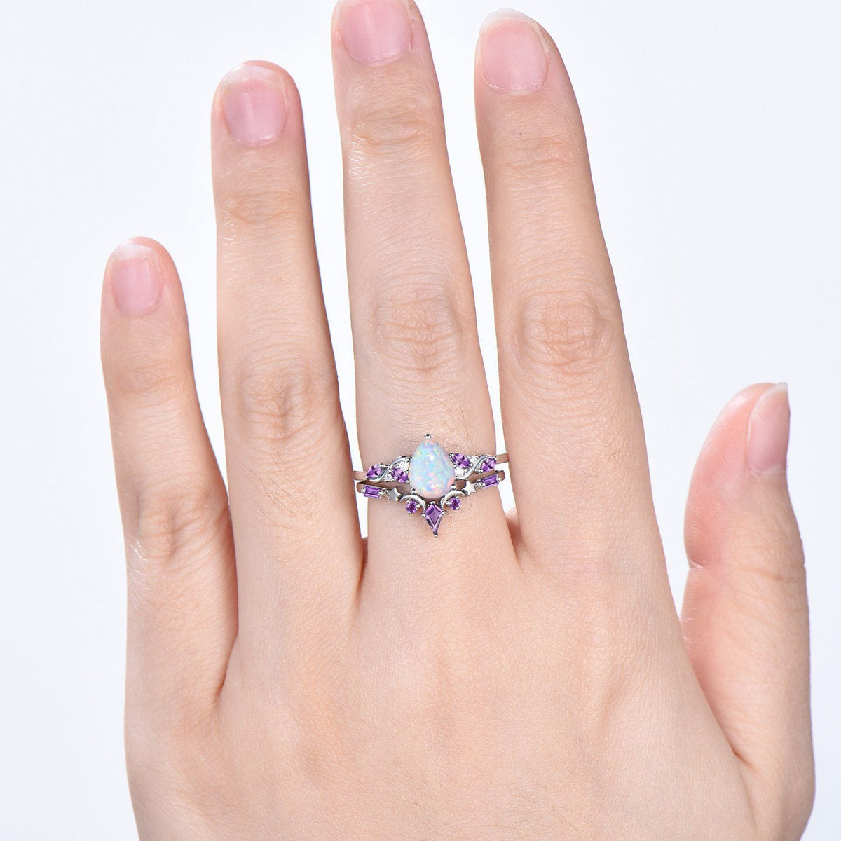 Pear Shaped White Opal Engagement Ring Set: Enchanted Moonlit Opal & Amethyst Set