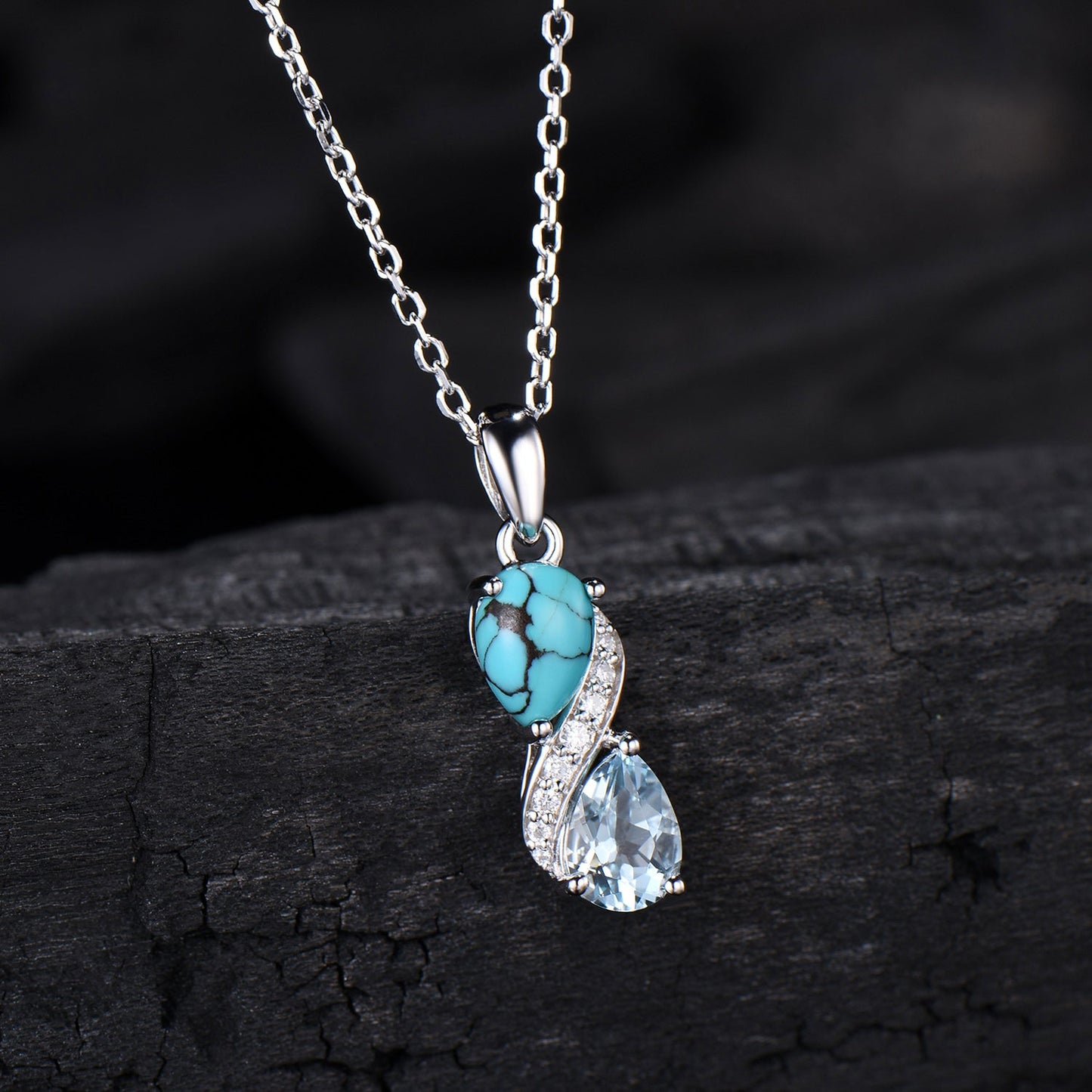 Aquamarine Turquoise Toi et Moi Necklace, Double Pear Cut, Handmade Gold Pendant