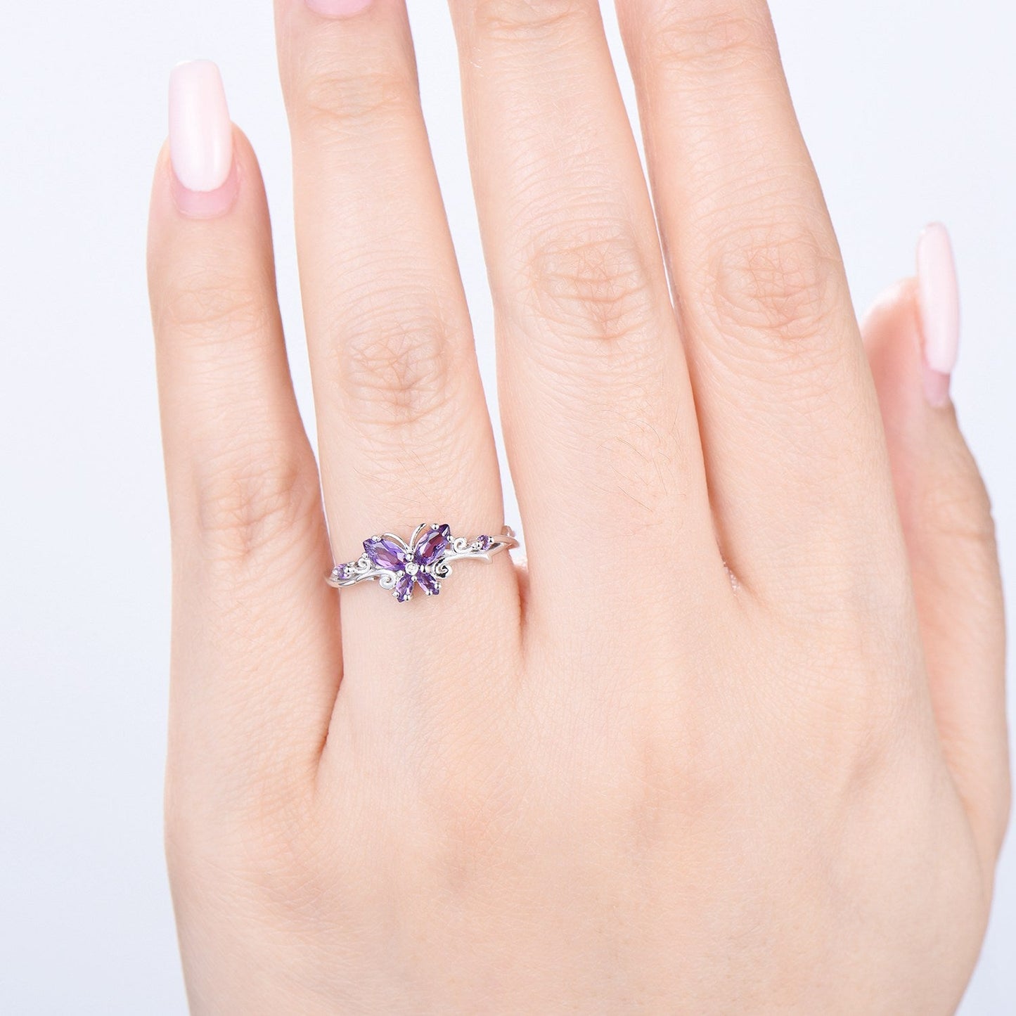 Unique Butterfly wedding ring vintage marquise amethyst engagement ring purple crystal silver white gold custom anniversary gift for women