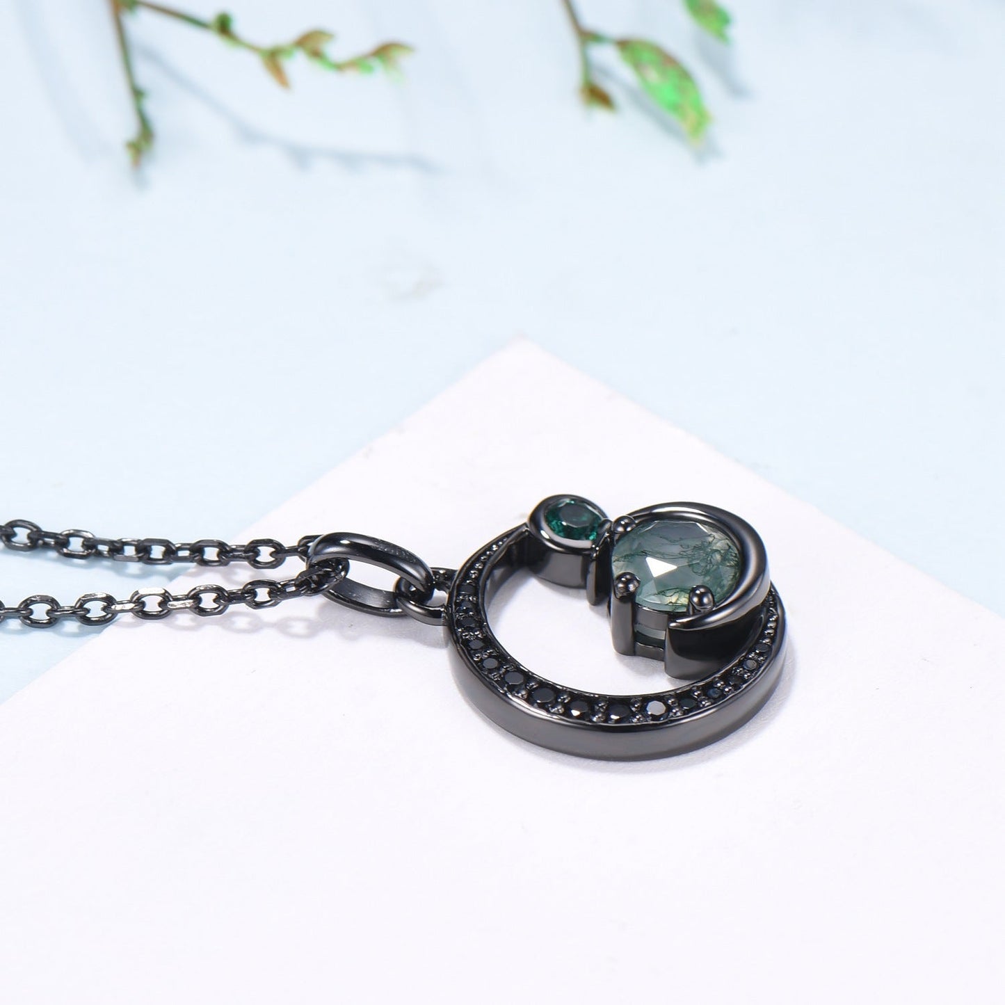 Unique Black Gold Green Moss Agate Necklace Magic Crescent Moon Dainty Agate Pendant Necklace Halloween Gothic Anniversary Gift for Daughter