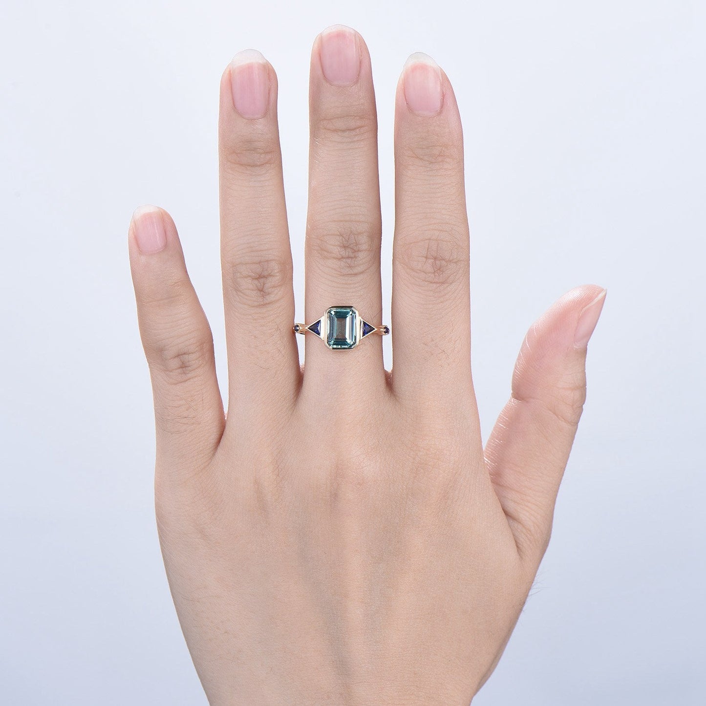 Unique Emerald Cut Green Sapphire Engagement Ring Bezel Set Trillion Blue Sapphire Five Stone Wedding Ring Anniversary Ring Gift for Women