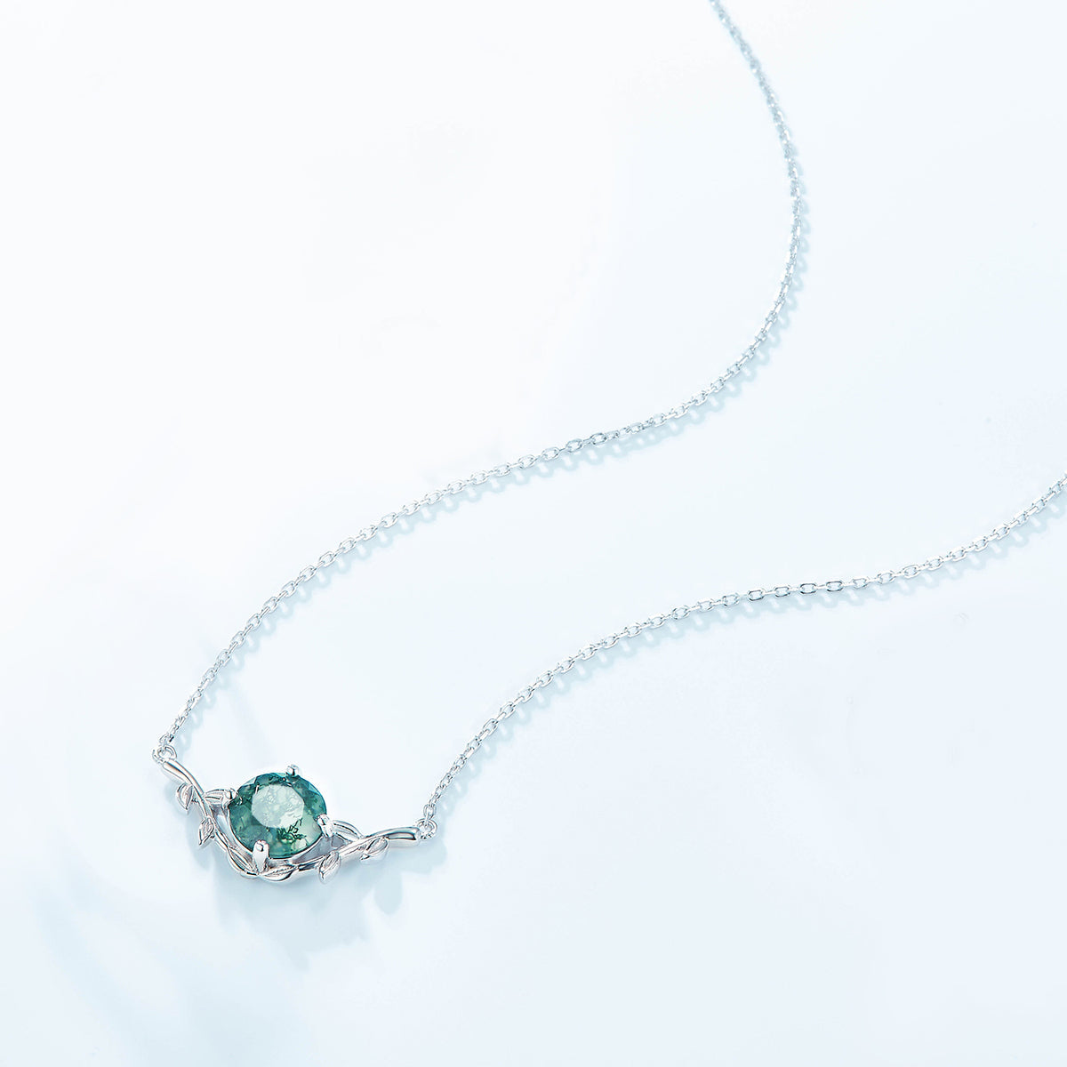 8mm Round Cut Nature Inspired Moss Agate Necklace Leaf Vine Jewelry