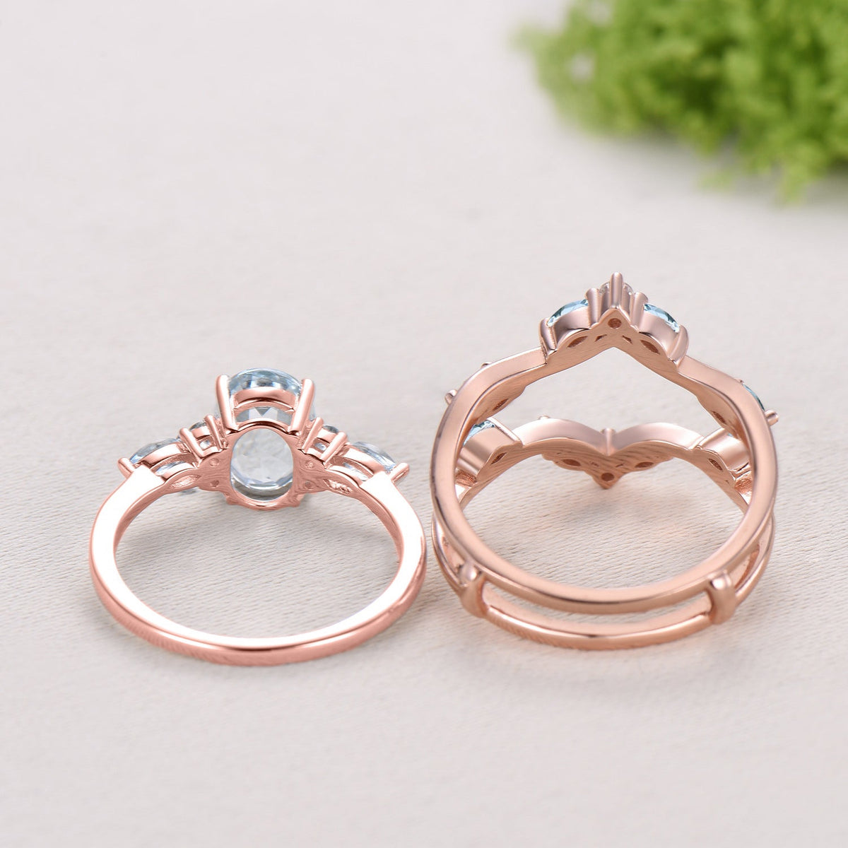 1.5CT Oval Natural Aquamarine Engagement Ring Set Cluster Marquise Gem Wedding Set March Birthstone Enhancer Band