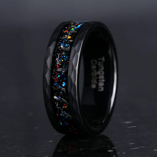 8mm tungsten men's wedding band steel hammered black ring inlaid with colored opal