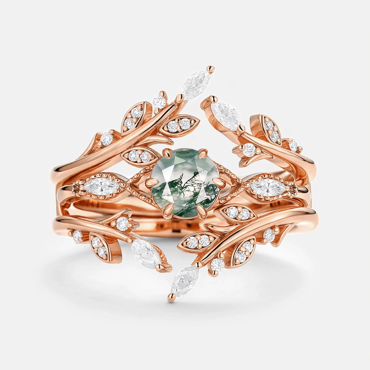 Zinnia’s Thicket | Round Cut Moss Agate Leafy Cage Bridal Set 2pcs
