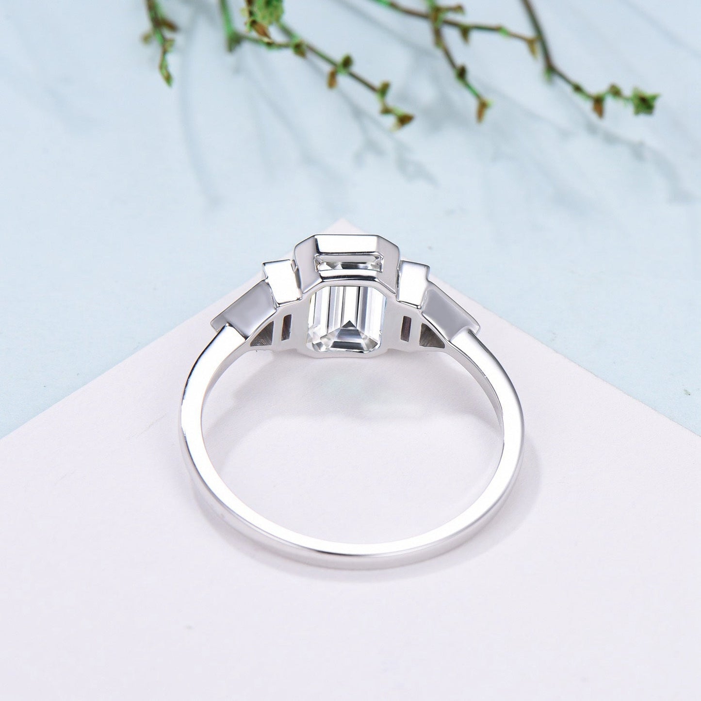 Bezel Set Emerald Cut Moissanite Engagement Ring 14K White Gold Five Stone Baguette Opal &Trillian Alexandrite Wedding Band Anniversary Ring