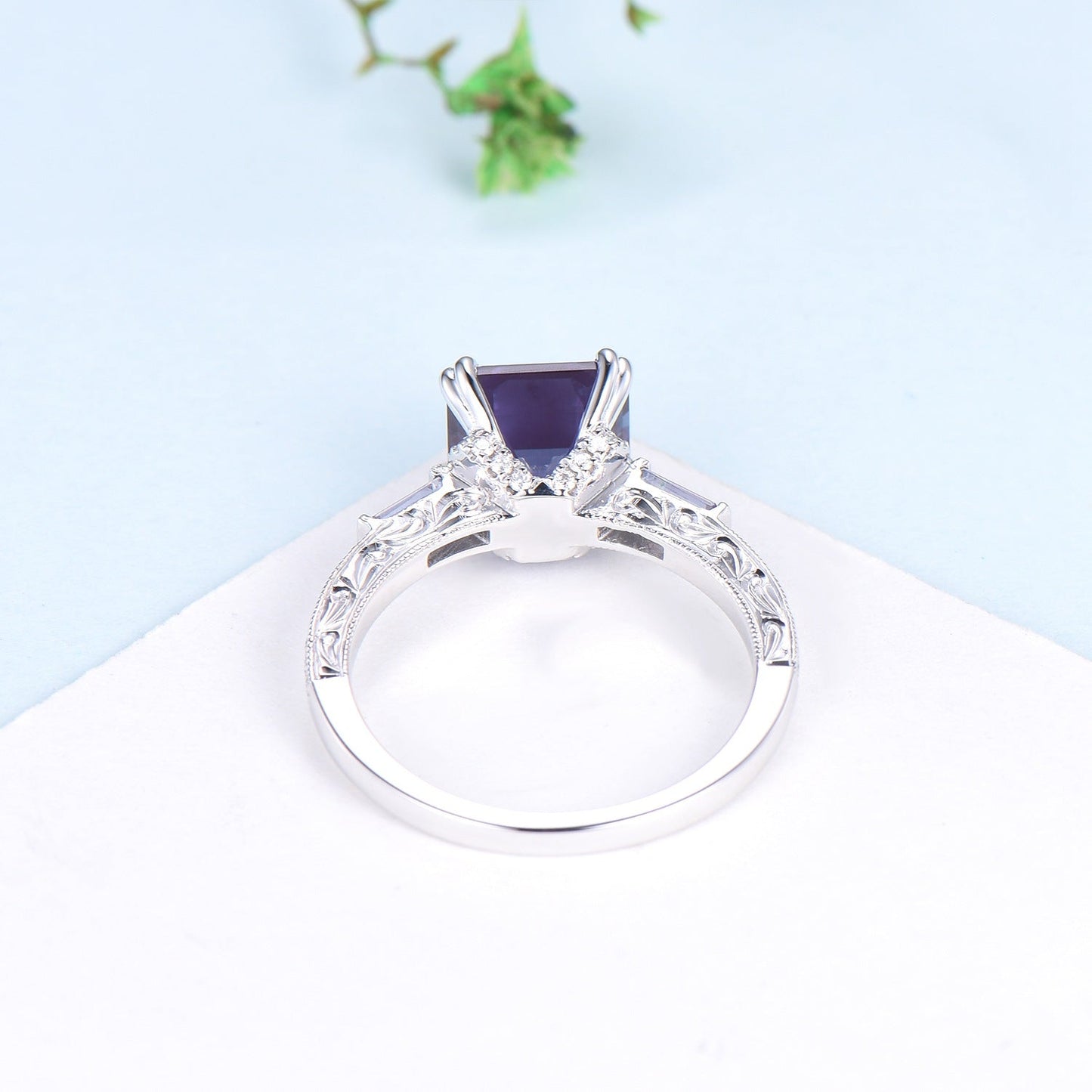 Unique asscher cut alexandrite engagement ring, hidden halo basket setting, 3 stone baguette color change June birthstone anniversary ring