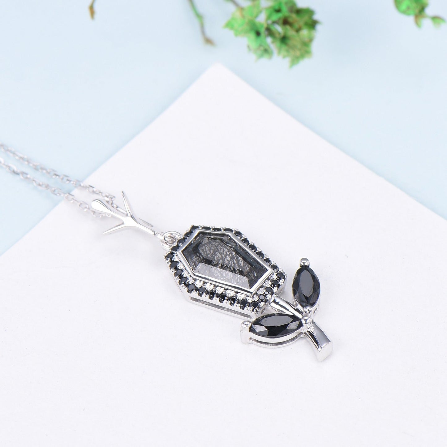 Vintage Coffin black rutilated quartz pendant necklace solid 14k 18k rose gold halo black spinel Personalized anniversary Halloween Jewelry