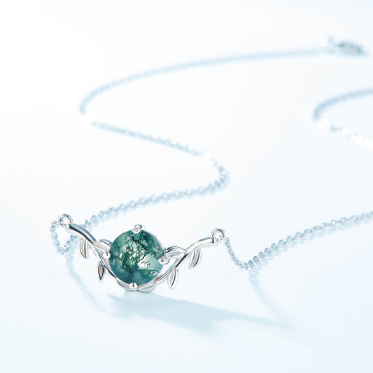 8mm Round Cut Nature Inspired Moss Agate Necklace Leaf Vine Jewelry