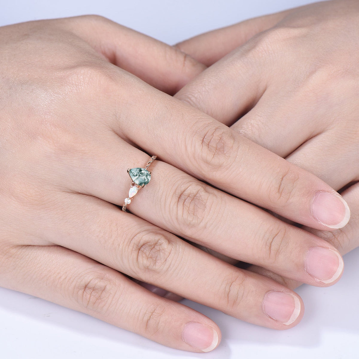 Vintage Moss Agate Opal Ring, 14k Rose Gold Twisted Band, Celestial Wedding Anniversary Gift