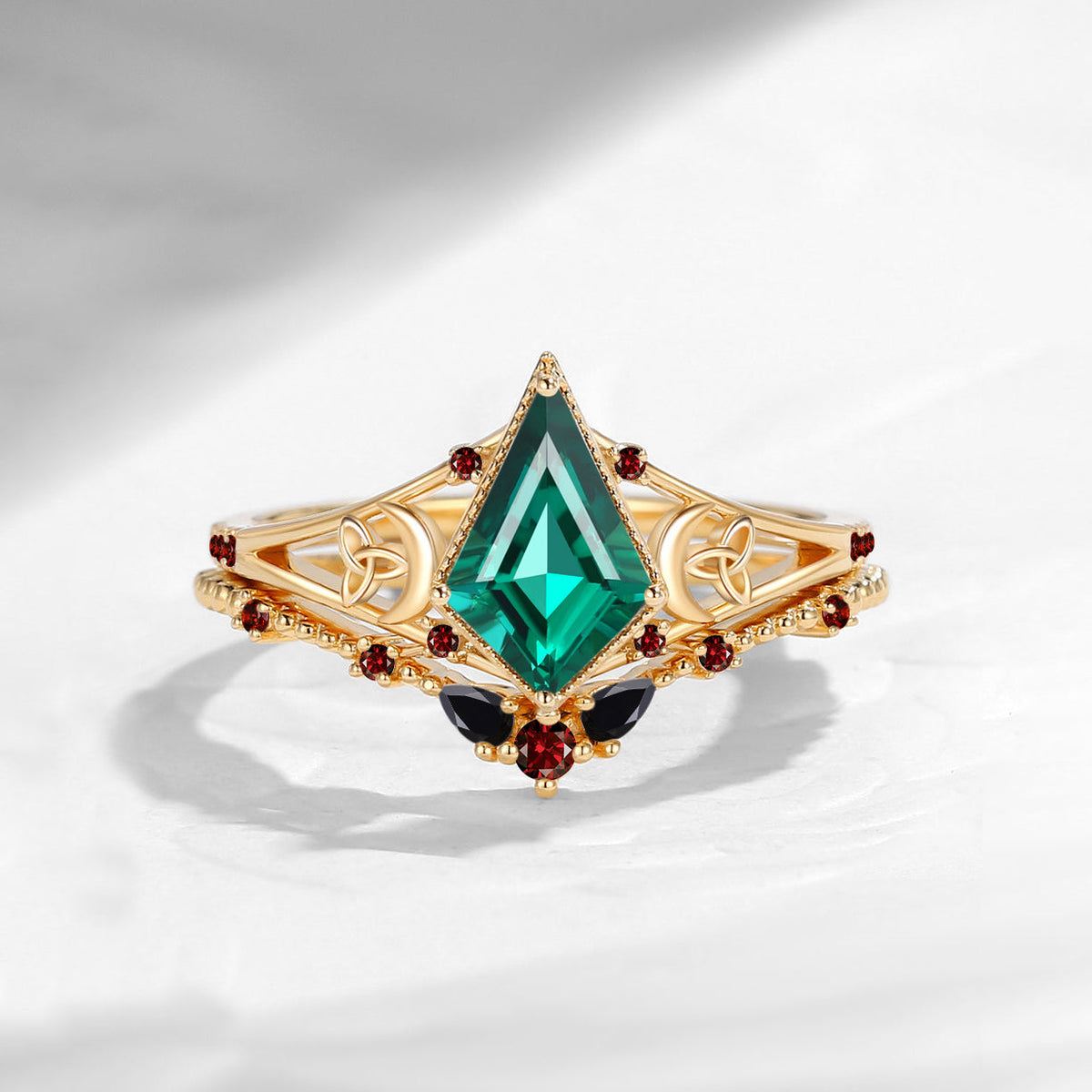 Celtic Moon - Unique Style Kite Lab Emerald Split Band Engagement Ring Set