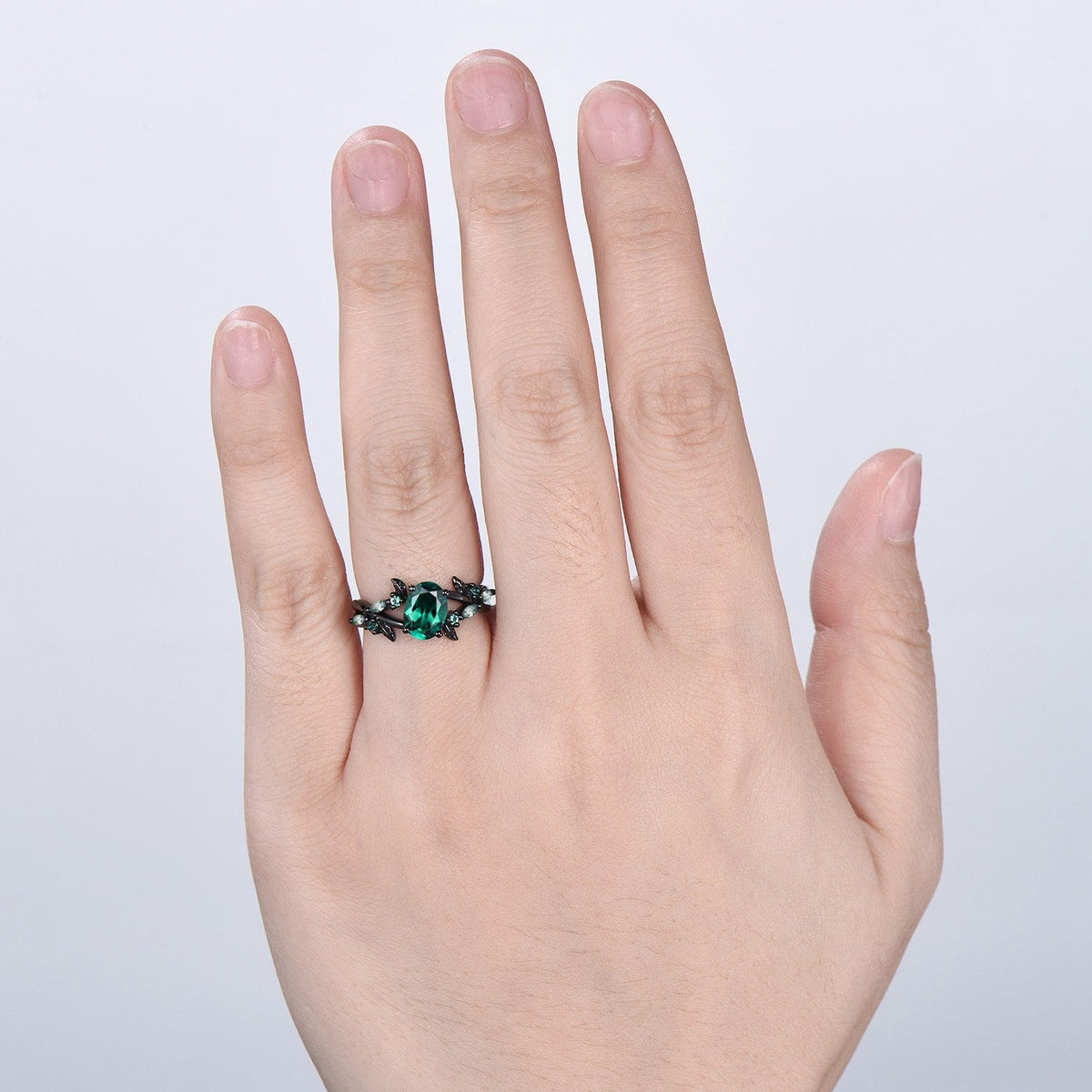 Black Gold Emerald Engagement Ring, Gothic Leaf Ring