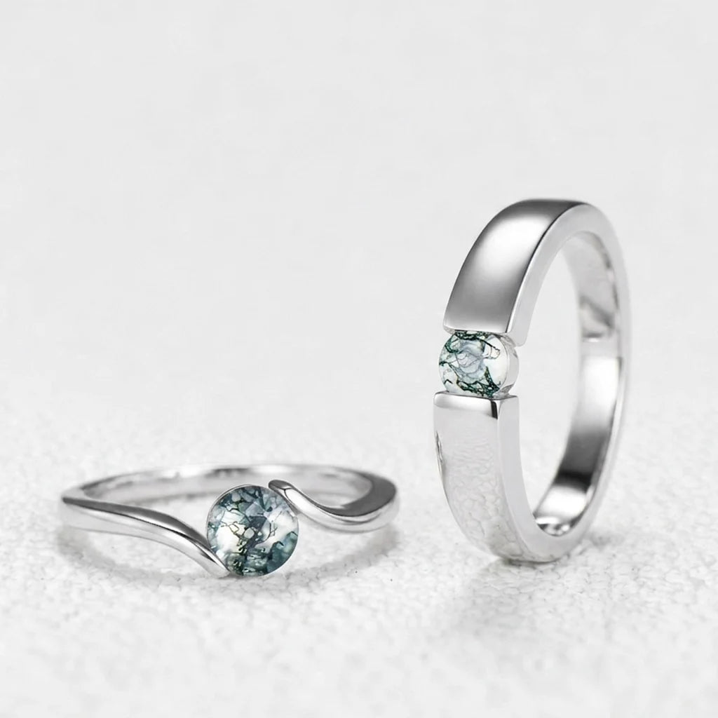 One Stone | Minimalist Solitaire Round Moss Agate Women’s Engagement Ring