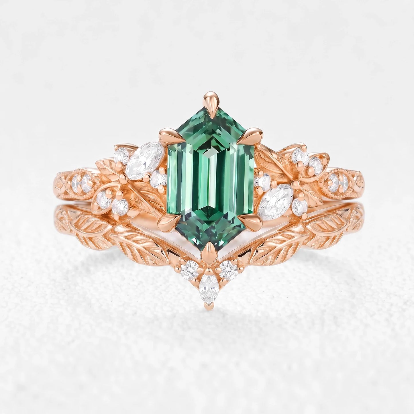 Sylvia’s Heartwood | Hexagon Cut Lab Green Sapphire Foliage Bridal Duo